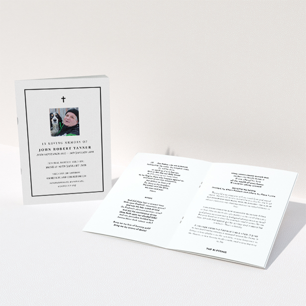A funeral service program called "Black-and-white". It is an A5 booklet in a portrait orientation. It is a photographic funeral service program with room for 1 photo. "Black-and-white" is available as a folded booklet booklet, with mainly white colouring.