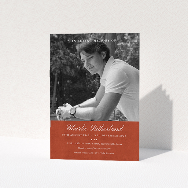 A funeral order of service named "Bold Elegance. It is an A5 booklet in a portrait orientation. It is a photographic funeral program with room for 1 photo. "Bold Elegance" is available as a folded booklet booklet, with splashes of red.