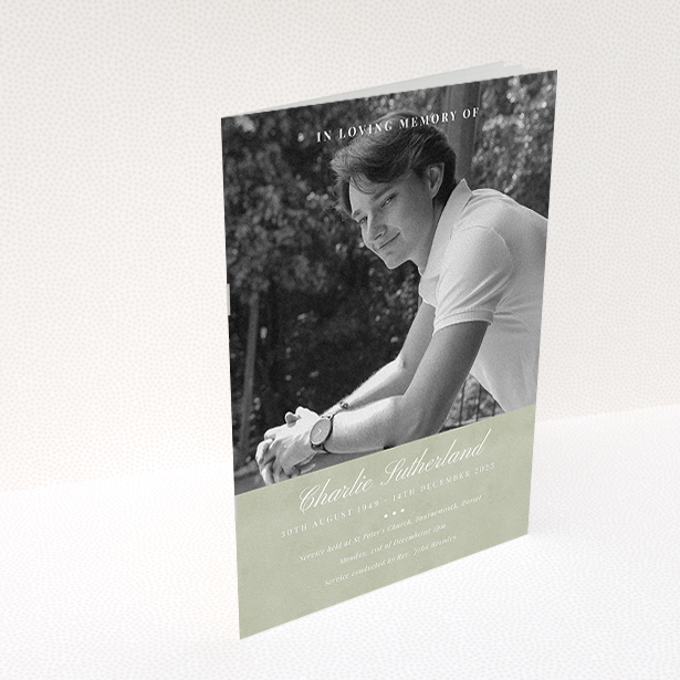 A funeral order of service named "Bold Elegance. It is an A5 booklet in a portrait orientation. It is a photographic funeral program with room for 1 photo. "Bold Elegance" is available as a folded booklet booklet, with splashes of green.