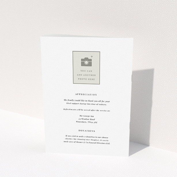 A funeral order of service named "Bold Elegance. It is an A5 booklet in a portrait orientation. It is a photographic funeral program with room for 1 photo. "Bold Elegance" is available as a folded booklet booklet, with splashes of red.