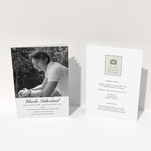 A funeral order of service named "Bold Elegance. It is an A5 booklet in a portrait orientation. It is a photographic funeral program with room for 1 photo. "Bold Elegance" is available as a folded booklet booklet, with splashes of white.