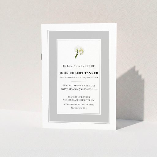 Funeral Service Program Design - "Bouquet of life" A funeral service program design named "Bouquet of life". It is an A5 booklet in a portrait orientation. "Bouquet of life" is available as a folded booklet booklet, with tones of grey and white.