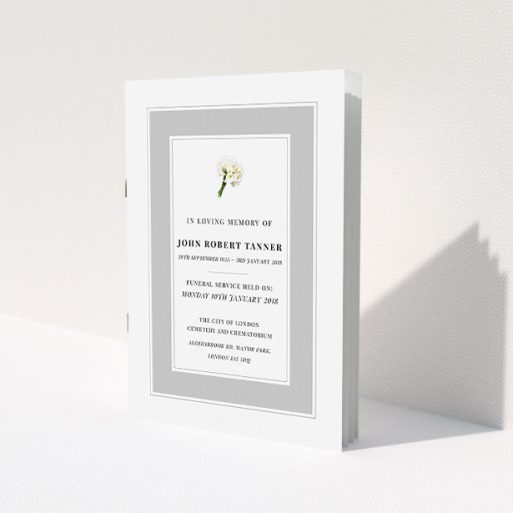 A funeral service program design named 'Bouquet of life'. It is an A5 booklet in a portrait orientation. 'Bouquet of life' is available as a folded booklet booklet, with tones of grey and white.