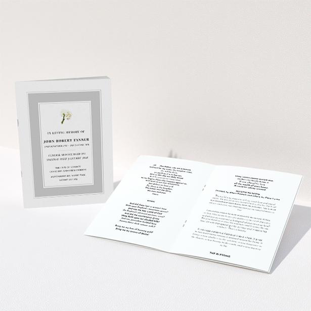 A funeral service program design named "Bouquet of life". It is an A5 booklet in a portrait orientation. "Bouquet of life" is available as a folded booklet booklet, with tones of grey and white.