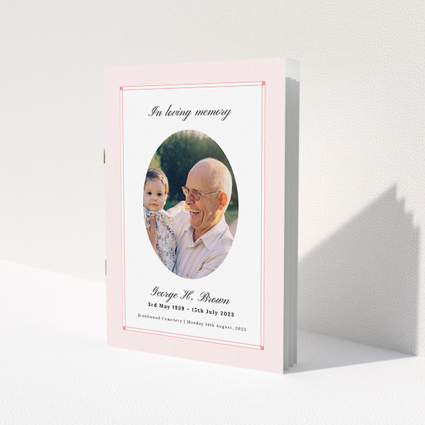A funeral order of service named 'Bright Border. It is an A5 booklet in a portrait orientation. It is a photographic funeral program with room for 1 photo. 'Bright Border' is available as a folded booklet booklet, with splashes of light pink.