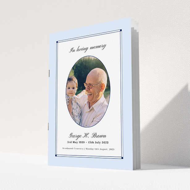 A funeral order of service named "Bright Border. It is an A5 booklet in a portrait orientation. It is a photographic funeral program with room for 1 photo. "Bright Border" is available as a folded booklet booklet, with neutral tones.