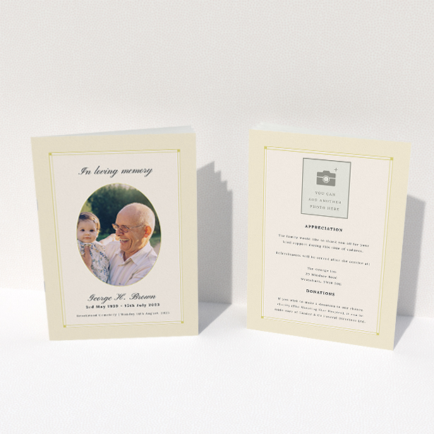 A funeral order of service named "Bright Border. It is an A5 booklet in a portrait orientation. It is a photographic funeral program with room for 1 photo. "Bright Border" is available as a folded booklet booklet, with tones of yellow, gold and cream.