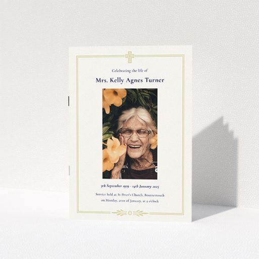 A funeral order of service named "Classic Christian. It is an A5 booklet in a portrait orientation. It is a photographic funeral order of service with room for 1 photo. "Classic Christian" is available as a folded booklet booklet, with tones of yellow and gold.