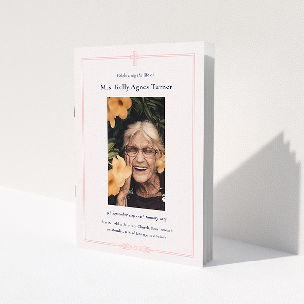 A funeral order of service named 'Classic Christian. It is an A5 booklet in a portrait orientation. It is a photographic funeral order of service with room for 1 photo. 'Classic Christian' is available as a folded booklet booklet, with splashes of light pink.