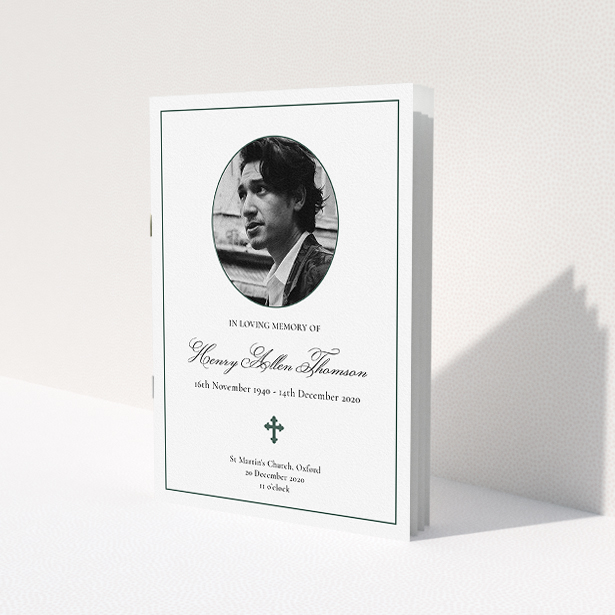 A funeral order of service named "Elegant Cross. It is an A5 booklet in a portrait orientation. It is a photographic funeral order of service with room for 1 photo. "Elegant Cross" is available as a folded booklet booklet, with tones of white and green.