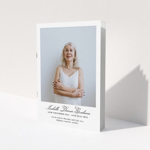 A funeral order of service named 'Great Portrait. It is an A5 booklet in a portrait orientation. It is a photographic funeral program with room for 1 photo. 'Great Portrait' is available as a folded booklet booklet, with splashes of white.