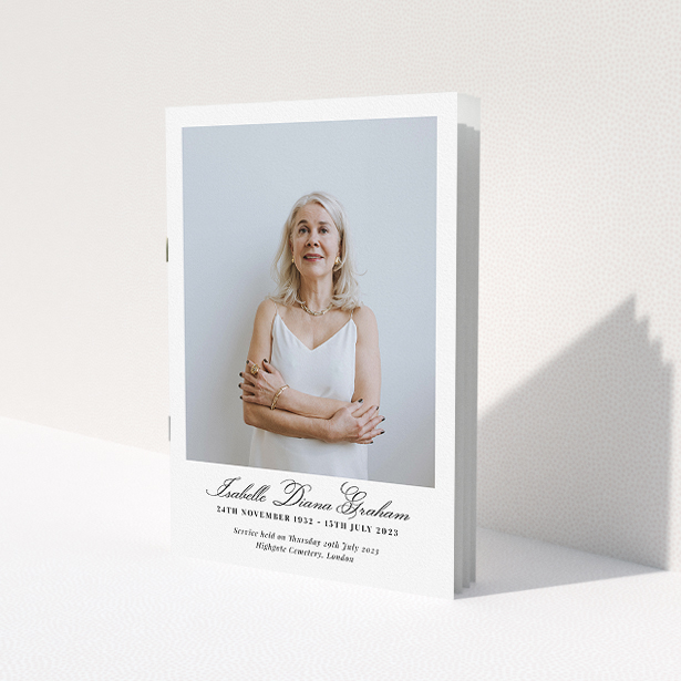 A funeral order of service named "Great Portrait. It is an A5 booklet in a portrait orientation. It is a photographic funeral order of service with room for 1 photo. "Great Portrait" is available as a folded booklet booklet, with splashes of white.