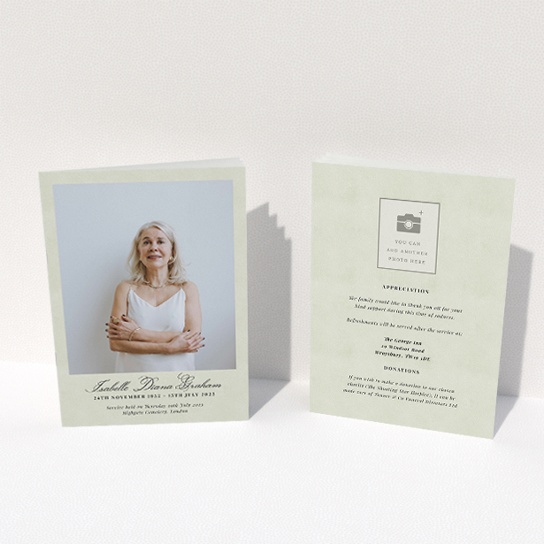 A funeral order of service named "Great Portrait. It is an A5 booklet in a portrait orientation. It is a photographic funeral program with room for 1 photo. "Great Portrait" is available as a folded booklet booklet, with splashes of green.