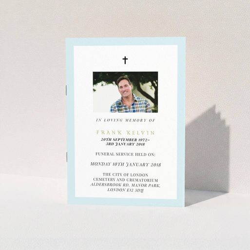 A funeral service program design called "Impact of blue". It is an A5 booklet in a portrait orientation. It is a photographic funeral service program with room for 1 photo. "Impact of blue" is available as a folded booklet booklet, with tones of blue and white.
