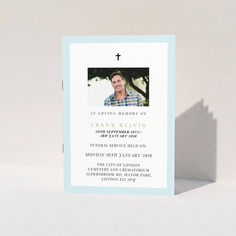 A funeral service program design called "Impact of blue". It is an A5 booklet in a portrait orientation. It is a photographic funeral service program with room for 1 photo. "Impact of blue" is available as a folded booklet booklet, with tones of blue and white.