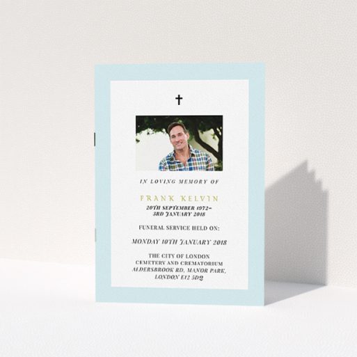 A funeral service program design called "Impact of blue". It is an A5 booklet in a portrait orientation. It is a photographic funeral service program with room for 1 photo. "Impact of blue" is available as a folded booklet booklet, with tones of blue and white.