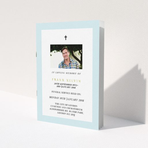 A funeral service program design called 'Impact of blue'. It is an A5 booklet in a portrait orientation. It is a photographic funeral service program with room for 1 photo. 'Impact of blue' is available as a folded booklet booklet, with tones of blue and white.