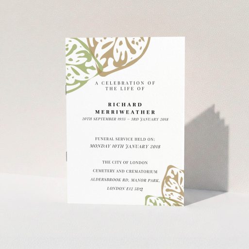 A funeral service program named "Impression of the jungle". It is an A5 booklet in a portrait orientation. "Impression of the jungle" is available as a folded booklet booklet, with tones of faded green and pale orange.