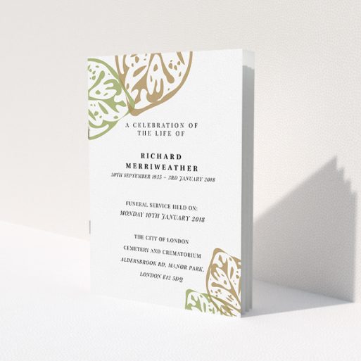 A funeral service program named 'Impression of the jungle'. It is an A5 booklet in a portrait orientation. 'Impression of the jungle' is available as a folded booklet booklet, with tones of faded green and pale orange.