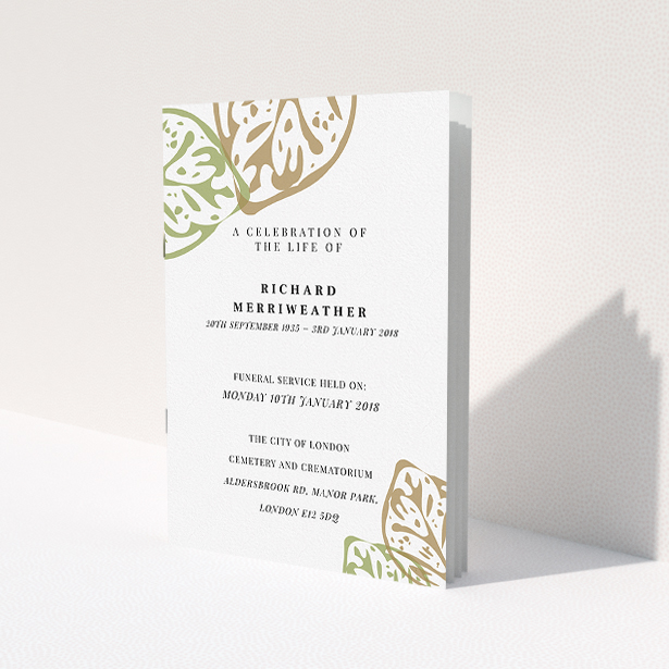 A funeral service program named 'Impression of the jungle'. It is an A5 booklet in a portrait orientation. 'Impression of the jungle' is available as a folded booklet booklet, with tones of faded green and pale orange.