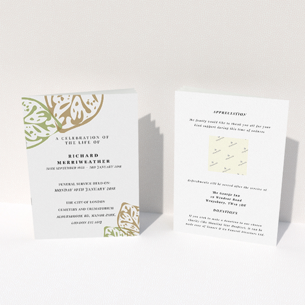 A funeral service program named "Impression of the jungle". It is an A5 booklet in a portrait orientation. "Impression of the jungle" is available as a folded booklet booklet, with tones of faded green and pale orange.