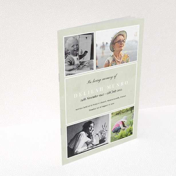 A funeral order of service named "Lots of Photos. It is an A5 booklet in a portrait orientation. It is a photographic funeral program with room for 4 photos. "Lots of Photos" is available as a folded booklet booklet, with splashes of green.