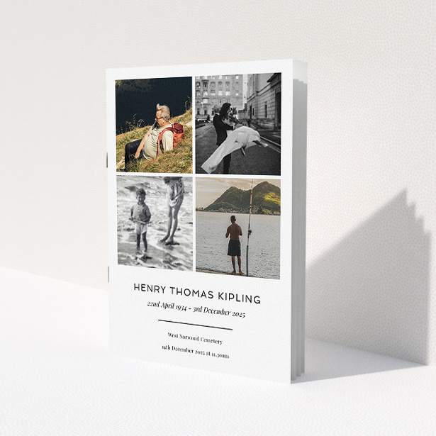 A funeral order of service named "Many Photos. It is an A5 booklet in a portrait orientation. It is a photographic funeral order of service with room for 4 photos. "Many Photos" is available as a folded booklet booklet, with tones of white and black.