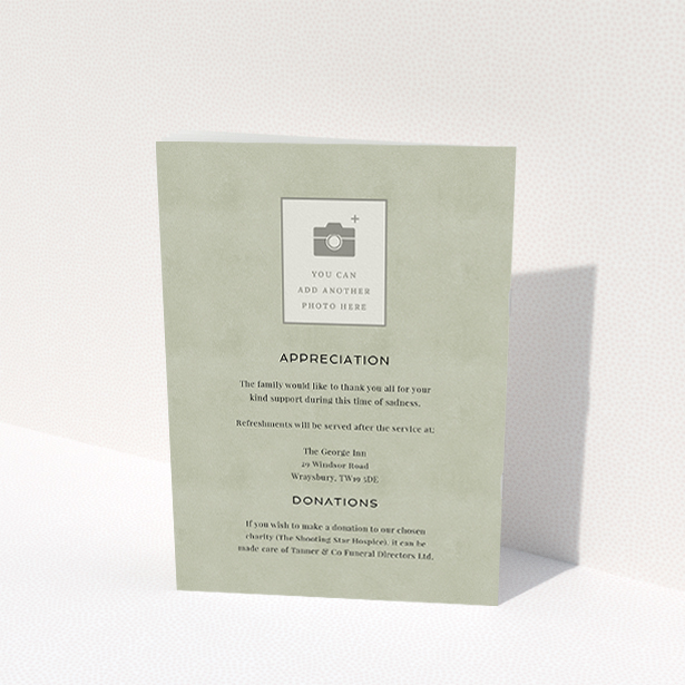 A funeral order of service named "Many Photos. It is an A5 booklet in a portrait orientation. It is a photographic funeral order of service with room for 4 photos. "Many Photos" is available as a folded booklet booklet, with splashes of green.