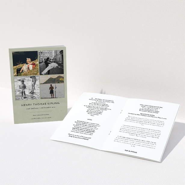 A funeral order of service named "Many Photos. It is an A5 booklet in a portrait orientation. It is a photographic funeral order of service with room for 4 photos. "Many Photos" is available as a folded booklet booklet, with splashes of green.