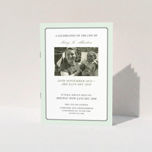 A funeral service program design named "Mint art deco". It is an A5 booklet in a portrait orientation. It is a photographic funeral service program with room for 1 photo. "Mint art deco" is available as a folded booklet booklet, with tones of green and white.