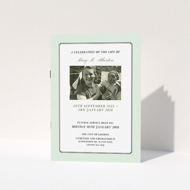 A funeral service program design named "Mint art deco". It is an A5 booklet in a portrait orientation. It is a photographic funeral service program with room for 1 photo. "Mint art deco" is available as a folded booklet booklet, with tones of green and white.