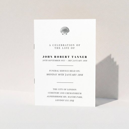 Funeral Service Program Design - "On the beach" A funeral service program design titled "On the beach". It is an A5 booklet in a portrait orientation. "On the beach" is available as a folded booklet booklet, with mainly white colouring.
