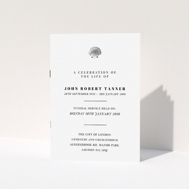 A funeral service program design titled "On the beach". It is an A5 booklet in a portrait orientation. "On the beach" is available as a folded booklet booklet, with mainly white colouring.