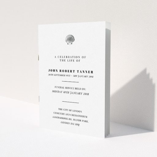 A funeral service program design titled 'On the beach'. It is an A5 booklet in a portrait orientation. 'On the beach' is available as a folded booklet booklet, with mainly white colouring.