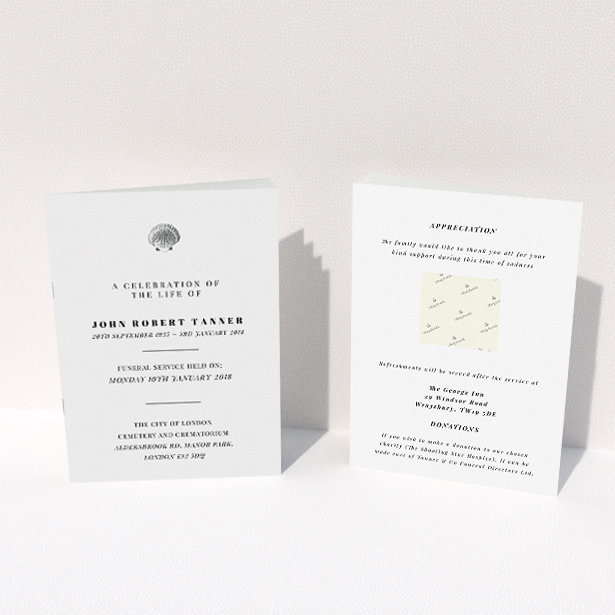 A funeral service program design titled "On the beach". It is an A5 booklet in a portrait orientation. "On the beach" is available as a folded booklet booklet, with mainly white colouring.