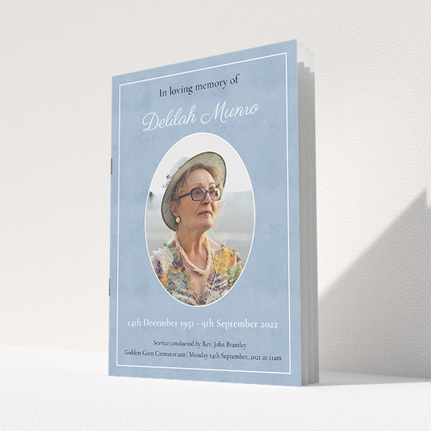A funeral order of service named "Oval Frame. It is an A5 booklet in a portrait orientation. It is a photographic funeral order of service with room for 1 photo. "Oval Frame" is available as a folded booklet booklet, with neutral tones.