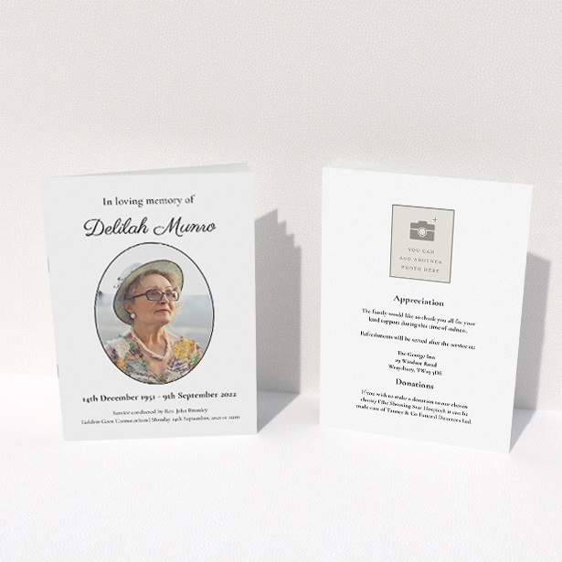 A funeral order of service named "Oval Frame. It is an A5 booklet in a portrait orientation. It is a photographic funeral order of service with room for 1 photo. "Oval Frame" is available as a folded booklet booklet, with tones of white and black.