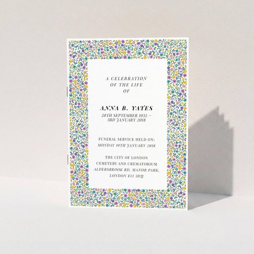 A funeral service program named "Pick up the flowers". It is an A5 booklet in a portrait orientation. "Pick up the flowers" is available as a folded booklet booklet, with mainly green colouring.