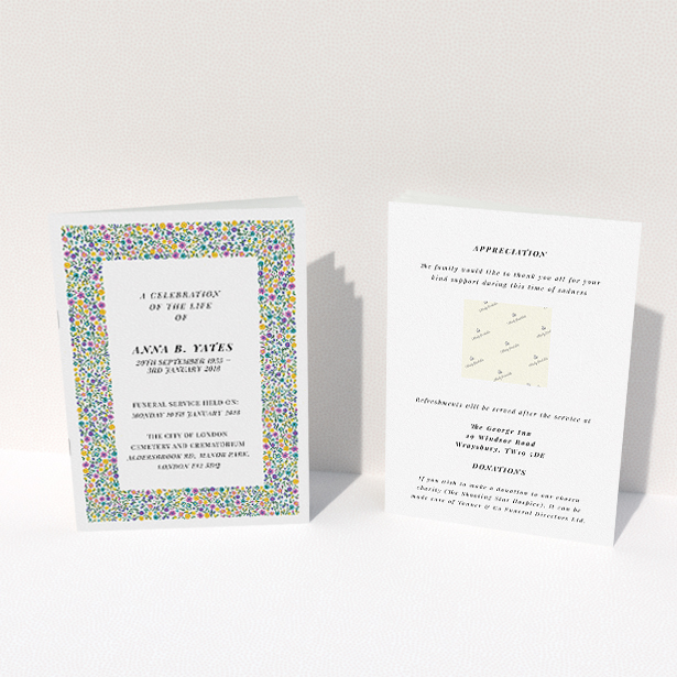 A funeral service program named "Pick up the flowers". It is an A5 booklet in a portrait orientation. "Pick up the flowers" is available as a folded booklet booklet, with mainly green colouring.