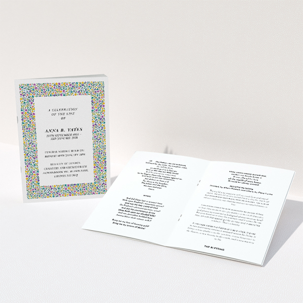 A funeral service program named "Pick up the flowers". It is an A5 booklet in a portrait orientation. "Pick up the flowers" is available as a folded booklet booklet, with mainly green colouring.