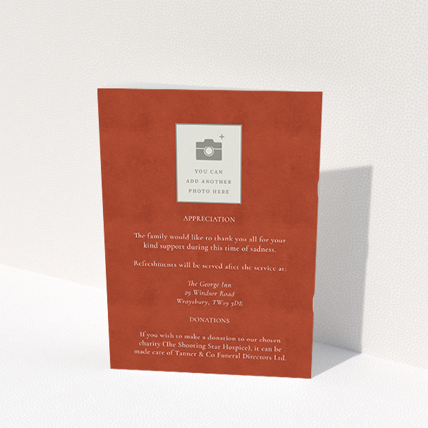 A funeral order of service named "Simple Elegance. It is an A5 booklet in a portrait orientation. It is a photographic funeral order of service with room for 1 photo. "Simple Elegance" is available as a folded booklet booklet, with splashes of red.