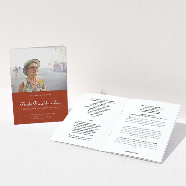 A funeral order of service named "Simple Elegance. It is an A5 booklet in a portrait orientation. It is a photographic funeral order of service with room for 1 photo. "Simple Elegance" is available as a folded booklet booklet, with splashes of red.