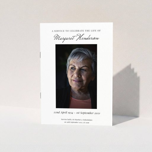 Funeral Service Program - "Simple Portrait" A funeral order of service named "Simple Portrait. It is an A5 booklet in a portrait orientation. It is a photographic funeral order of service with room for 1 photo. "Simple Portrait" is available as a folded booklet booklet, with tones of white and black.
