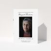A funeral order of service named "Simple Portrait. It is an A5 booklet in a portrait orientation. It is a photographic funeral order of service with room for 1 photo. "Simple Portrait" is available as a folded booklet booklet, with tones of white and black.