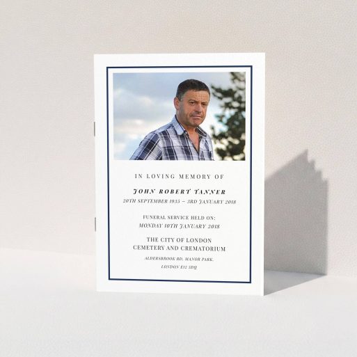 Funeral Service Program Design - "Simplicity" A funeral service program called "Simplicity". It is an A5 booklet in a portrait orientation. It is a photographic funeral service program with room for 1 photo. "Simplicity" is available as a folded booklet booklet, with mainly white colouring.