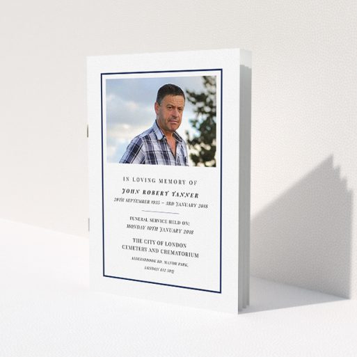 A funeral service program called 'Simplicity'. It is an A5 booklet in a portrait orientation. It is a photographic funeral service program with room for 1 photo. 'Simplicity' is available as a folded booklet booklet, with mainly white colouring.
