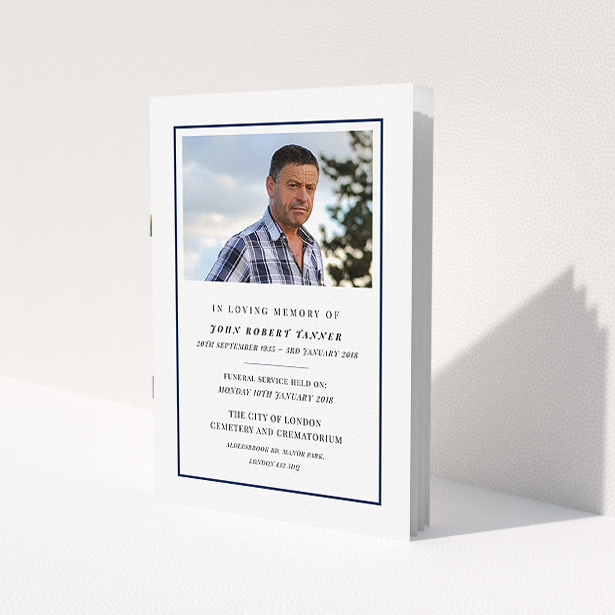 A funeral service program called "Simplicity". It is an A5 booklet in a portrait orientation. It is a photographic funeral service program with room for 1 photo. "Simplicity" is available as a folded booklet booklet, with mainly white colouring.