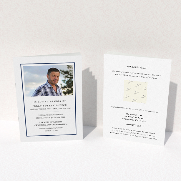 A funeral service program called "Simplicity". It is an A5 booklet in a portrait orientation. It is a photographic funeral service program with room for 1 photo. "Simplicity" is available as a folded booklet booklet, with mainly white colouring.