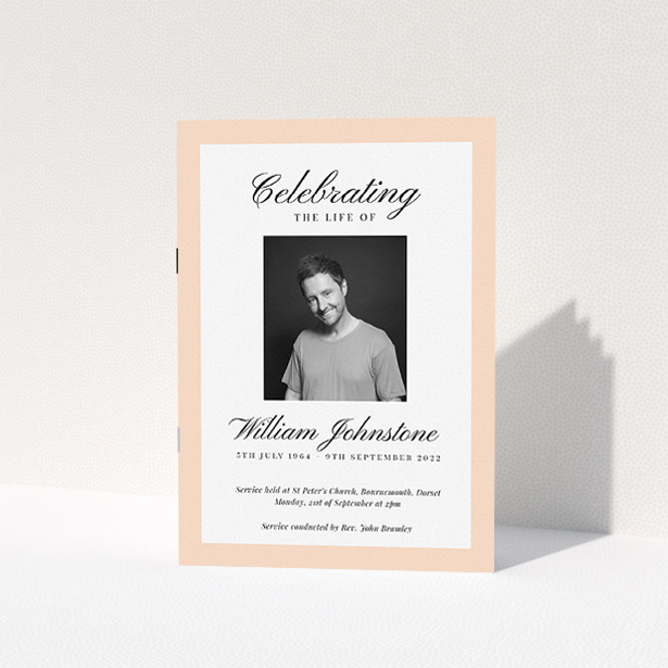 A funeral order of service named "Stoic Border. It is an A5 booklet in a portrait orientation. It is a photographic funeral order of service with room for 1 photo. "Stoic Border" is available as a folded booklet booklet, with tones of white and light pink.