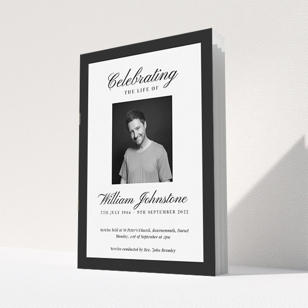A funeral order of service named "Stoic Border. It is an A5 booklet in a portrait orientation. It is a photographic funeral order of service with room for 1 photo. "Stoic Border" is available as a folded booklet booklet, with tones of white and black.